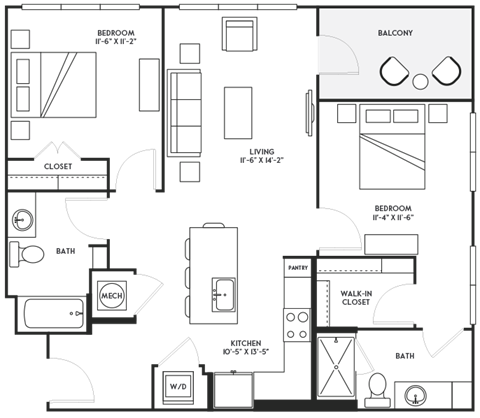 Floor plan for 2 beds, 2 baths, 999 sqft